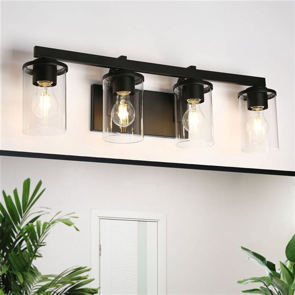 LNC Sturgeon 28-in W Black Metal 4-Light Modern-Transitional Vanity Light w/ Clear Cylindrical Glass