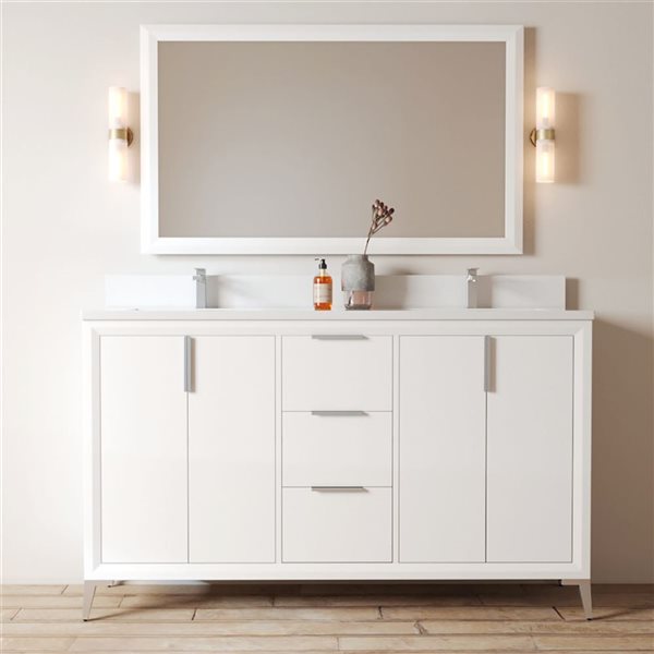 Urban Woodcraft Mendocino 60-in White Double Sink Bathroom Vanity with White Engineered Stone Top