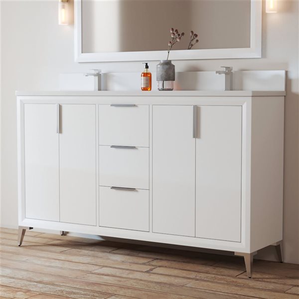 Urban Woodcraft Mendocino 60-in White Double Sink Bathroom Vanity with White Engineered Stone Top