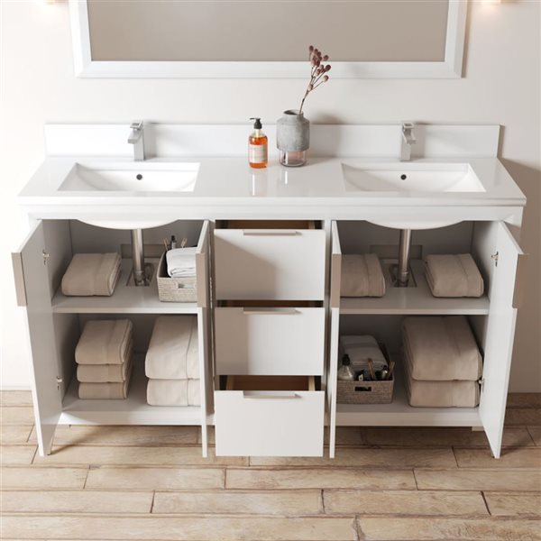 Urban Woodcraft Mendocino 60-in White Double Sink Bathroom Vanity with White Engineered Stone Top