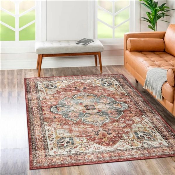 Erbanica Brio 5 x 8-ft Red Polyester Washable Non-Slip Modern Medallion Pattern Area Rug