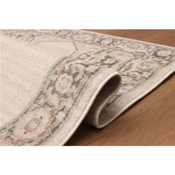 ECARPET Myra 2.8 x 8.2-ft Ivory/Beige/Grey/Pink Polypropylene Traditional Medallion Pattern Runner Rug