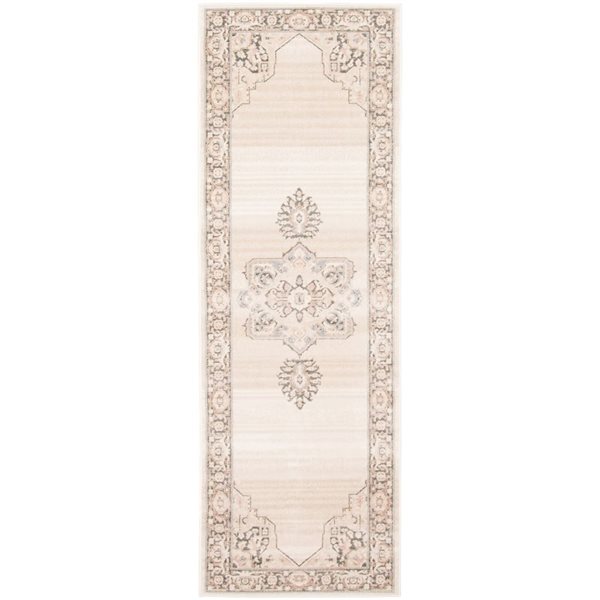 ECARPET Myra 2.8 x 8.2-ft Ivory/Beige/Grey/Pink Polypropylene Traditional Medallion Pattern Runner Rug