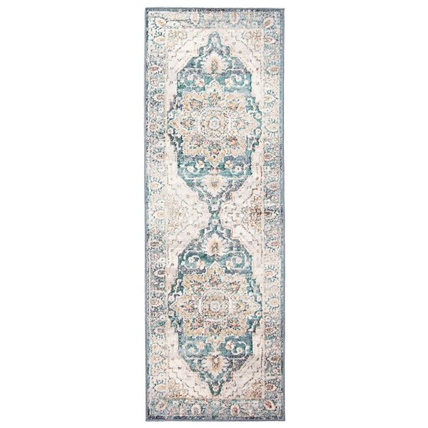 ECARPET Legacy 2.8 x 8.2-ft Ivory/Teal Polyester Traditional Medallion Pattern Runner Rug