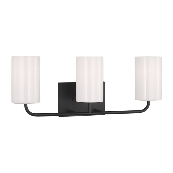 Generation Lighting Rhett Large Steel Frame 3-Light White Glass Cylinder Shade Vanity Light - Black