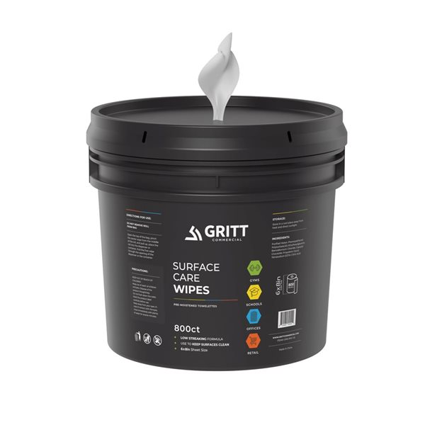 Gritt Commercial Surface Care All-Purpose Cleaning Wipes 8x6-in w/ Bucket - 800 Wipes Per Roll