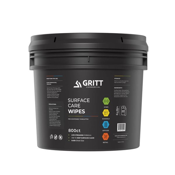 Gritt Commercial Surface Care All-Purpose Cleaning Wipes 8x6-in w/ Bucket - 800 Wipes Per Roll