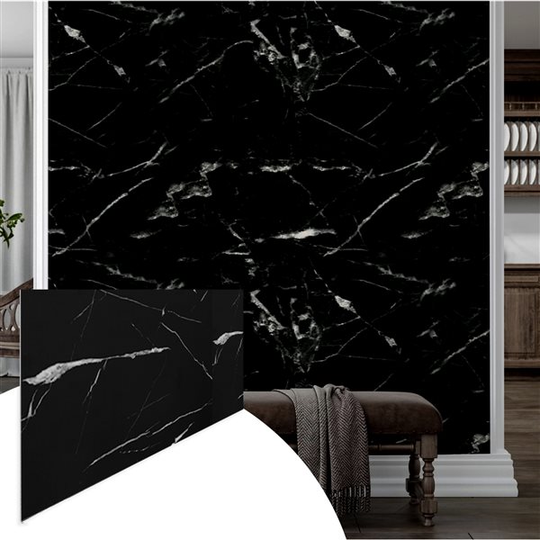 Dundee Deco 2x4-ft Faux Marble Glossy Wall Panels 4/Pk - Black/White