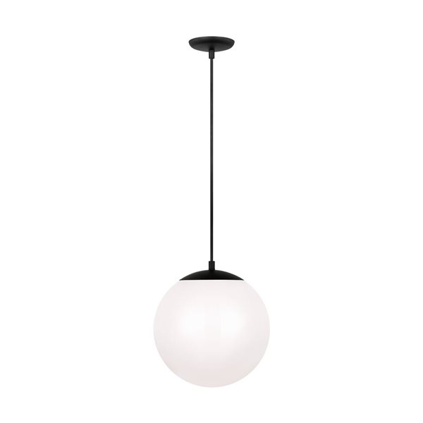 Generation Lighting Leo Black 1-Light Pendant with White Glass