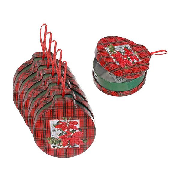 iH casadécor Red Plaid Poinsettia Tin Can Multicolour Plastic Hanging Ornaments - 5/Pack