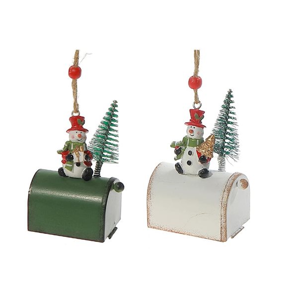 iH casadécor Metal Mailbox with Snowman Multicolour Plastic Hanging Ornaments - 2/Pack