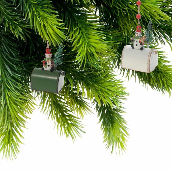 iH casadécor Metal Mailbox with Snowman Multicolour Plastic Hanging Ornaments - 2/Pack