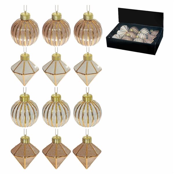 iH casadécor Glitter Diamond and Ball Champagne Plastic Hanging Ornaments - 12/Pack