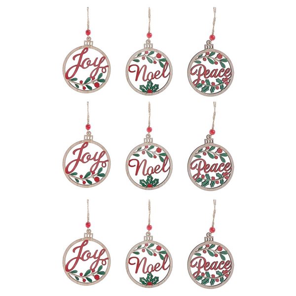 iH casadécor Wooden Round Text Multicolour Plastic Hanging Ornaments - 12/Pack
