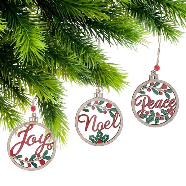 iH casadécor Wooden Round Text Multicolour Plastic Hanging Ornaments - 12/Pack