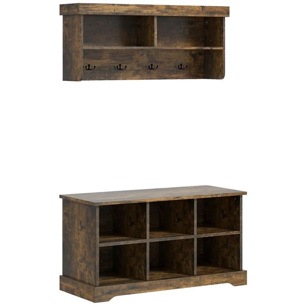 HOMCOM Coat Rack and Shoe Bench w/ 8 Storage Cubbies and Hooks - Rustic Brown