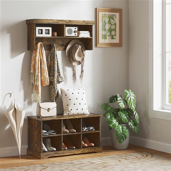 HOMCOM Coat Rack and Shoe Bench w/ 8 Storage Cubbies and Hooks - Rustic Brown