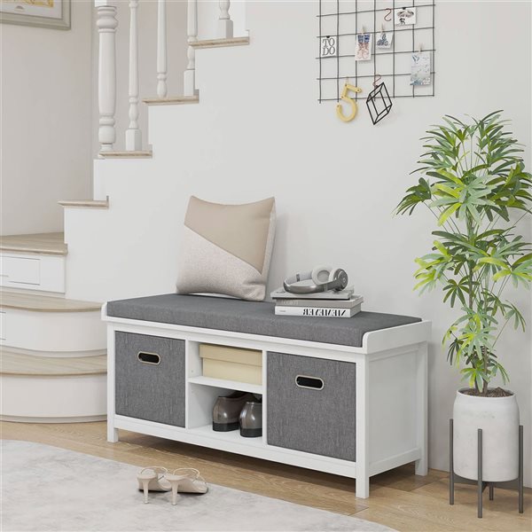 HOMCOM 41.3 W x 13.8 D x 18.5-in H White Composite/Grey Cushion Organizer Shoe Bench w/ Fabric Drawers