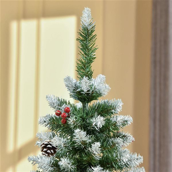 HOMCOM 5-ft H Green Flocked Pencil Artificial Christmas Tree w/ Red Berries and Pine Cones - 408 Tips