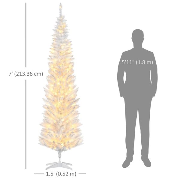 HOMCOM 7-ft H White Prelit Pencil Artificial Christmas Tree w/ 200 Warm White LED Lights - 499 Tips