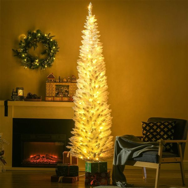 HOMCOM 7-ft H White Prelit Pencil Artificial Christmas Tree w/ 200 Warm White LED Lights - 499 Tips