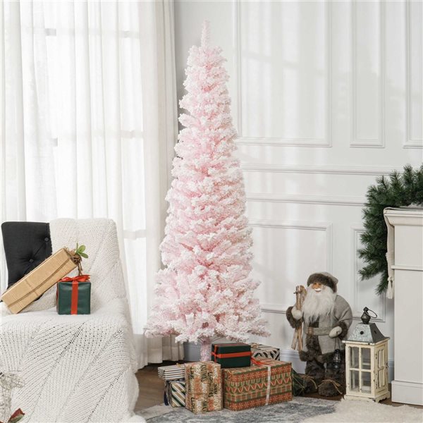 HOMCOM 6-ft H Pink Snow-Flocked Pencil  Artificial Christmas Tree w/ 492 Tips