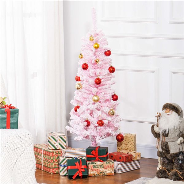 HOMCOM 4-ft H Pink Snow-Flocked Pencil Artificial Christmas Tree w/ Steel Base - 180 Tips