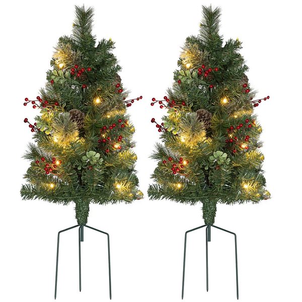 HOMCOM 2-ft H Green Dual Lighted Small Christmas Trees w/ Red Berries - 134 Tips