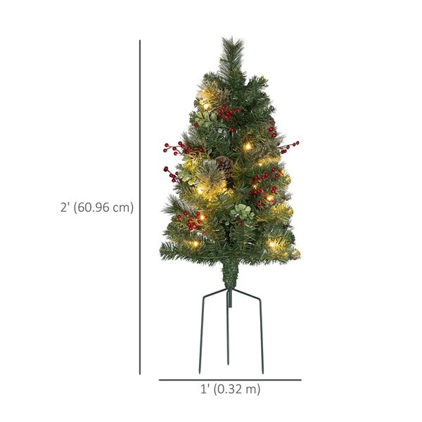 HOMCOM 2-ft H Green Dual Lighted Small Christmas Trees w/ Red Berries - 134 Tips