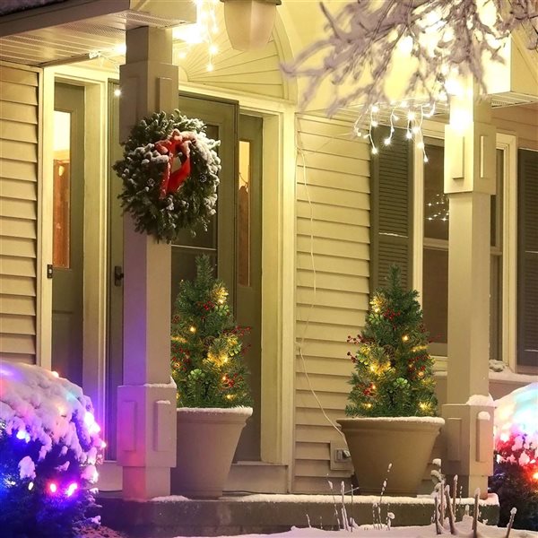 HOMCOM 2-ft H Green Dual Lighted Small Christmas Trees w/ Red Berries - 134 Tips