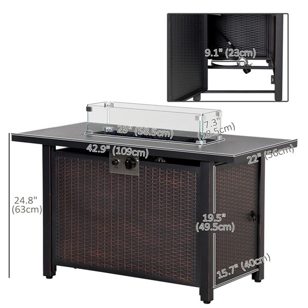 Outsunny 43-in 50,000 BTU Outdoor Liquid Propane Rectangle Steel Fire Pit Table w/ Lid - Bronze