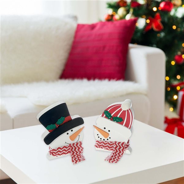 iH casadécor Assorted MDF Snowman Head with Scarf Block Christmas Figurine Set - 2/Pack