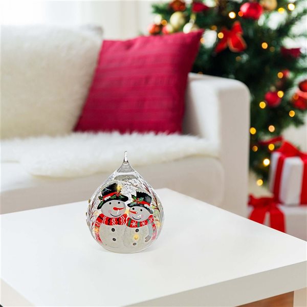 iH casadécor LED Crackled Glass Teardrop Christmas Figurine - Double Snowman