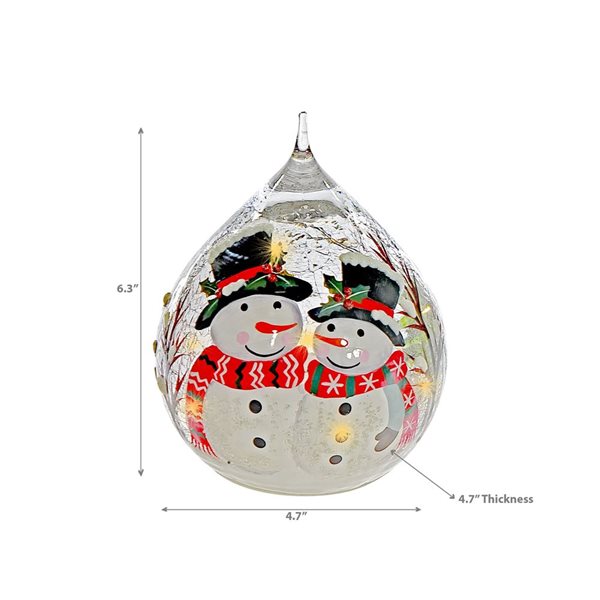 iH casadécor LED Crackled Glass Teardrop Christmas Figurine - Double Snowman