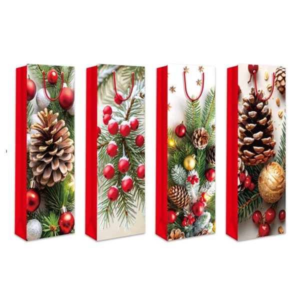iH casadécor Assorted Pine and Berries Christmas Wine Paper Bags - 12/Pack