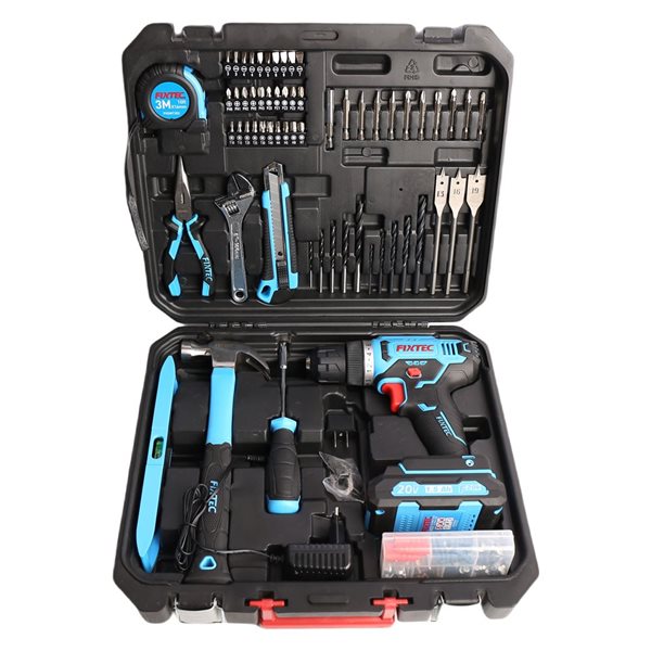 FIXTEC 20V Cordless Drill Kit with Battery, Charger & 221-Pieces Accys