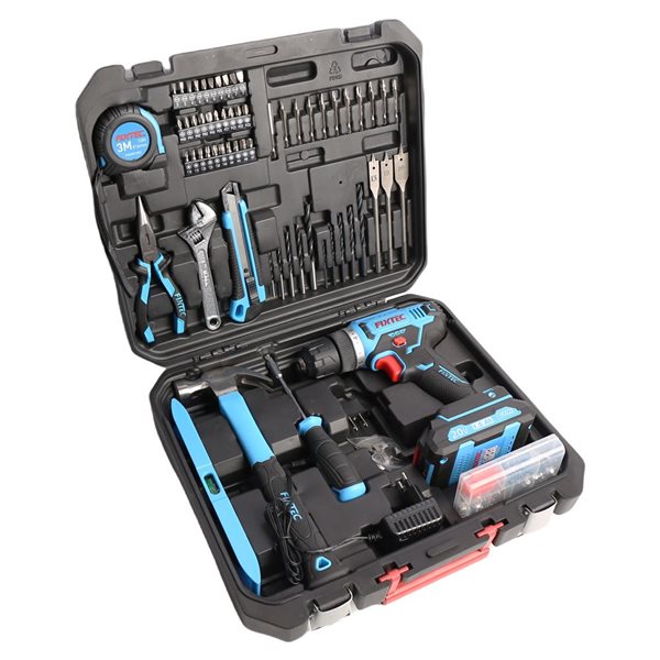 FIXTEC 20V Cordless Drill Kit with Battery, Charger & 221-Pieces Accys