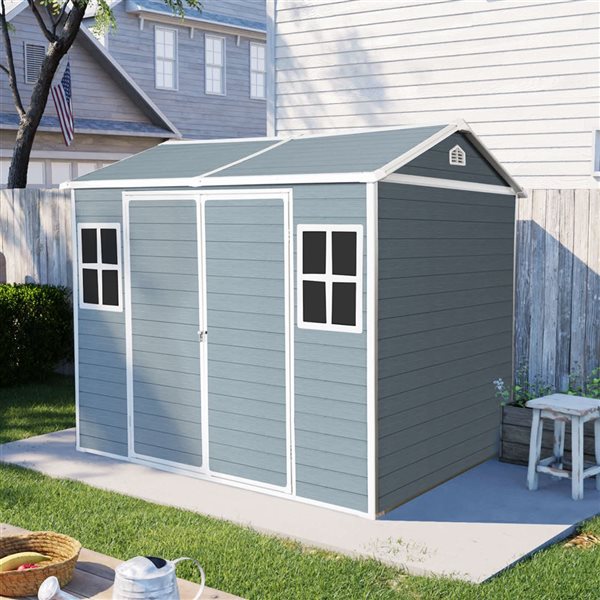 Mondawe 8 x 6-ft Blue Grey Resin Storage Shed w/ 2 Windows and White Trims