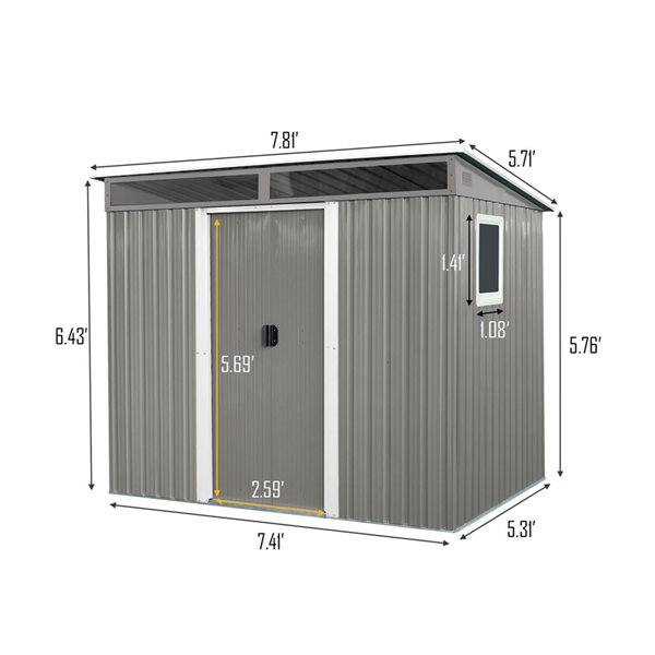 Mondawe 8 x 6-ft Grey Galvanized Steel Lean-to Storage Shed w/ Window and White Trims