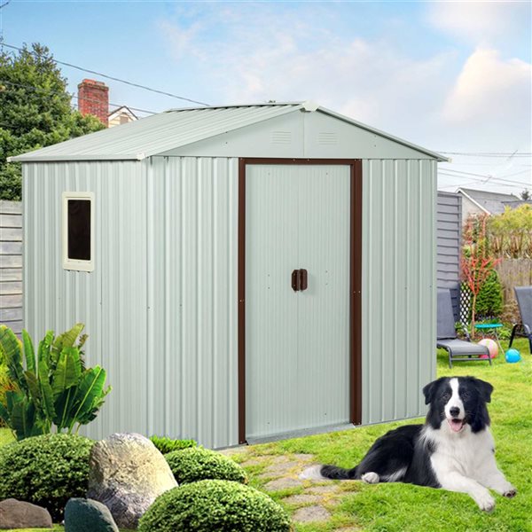 Mondawe 8 x 4-ft White Galvanized Steel Gable Roof Storage Shed with Window and Brown Trims