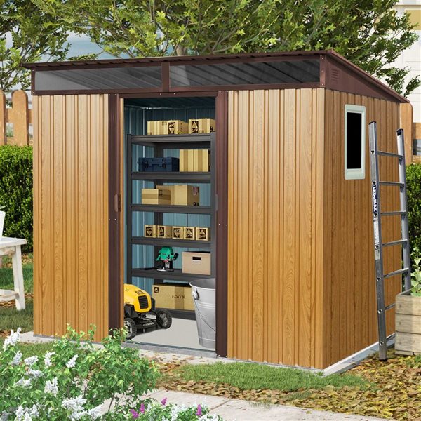 Mondawe 8 x 6-ft Brown Woodgrain-Look Galvanized Steel Lean-to Storage Shed with Window