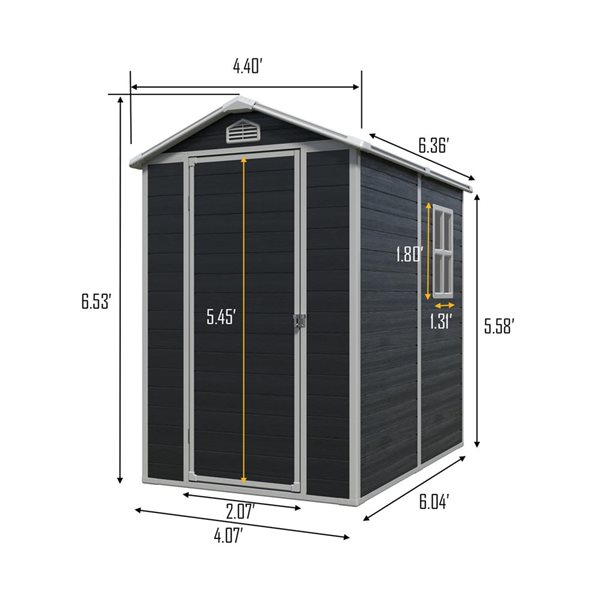 Mondawe 4 x 6-ft Black Resin Storage Shed with Window and White Trims