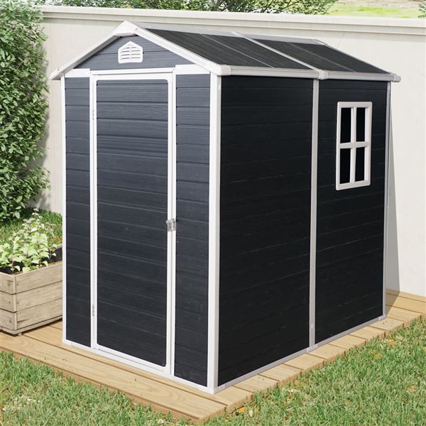 Mondawe 4 x 6-ft Black Resin Storage Shed with Window and White Trims