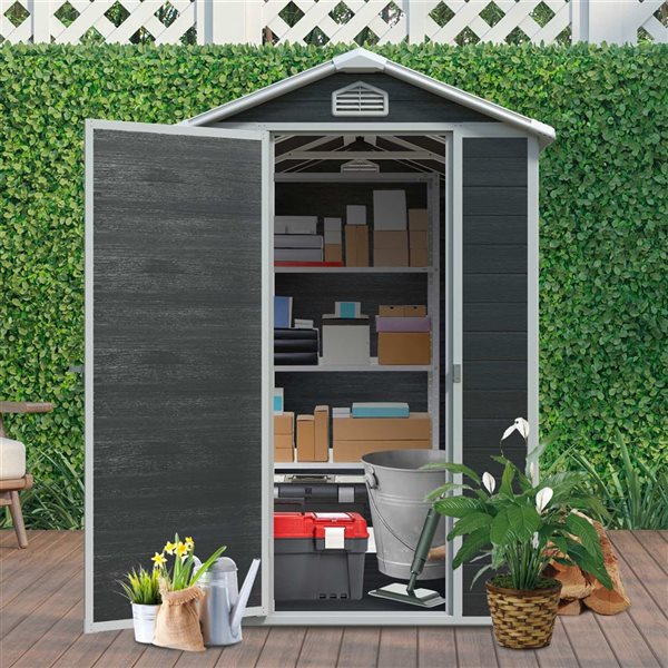 Mondawe 4 x 6-ft Black Resin Storage Shed with Window and White Trims