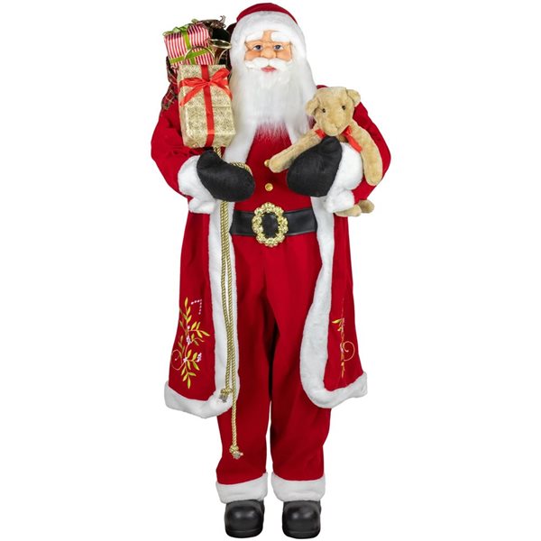 Northlight 5-ft Traditional Santa Claus with Teddy Bear and Gift Bag Standing Christmas Figure - Red