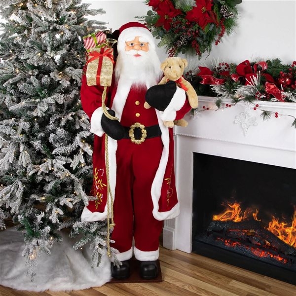 Northlight 5-ft Traditional Santa Claus with Teddy Bear and Gift Bag Standing Christmas Figure - Red