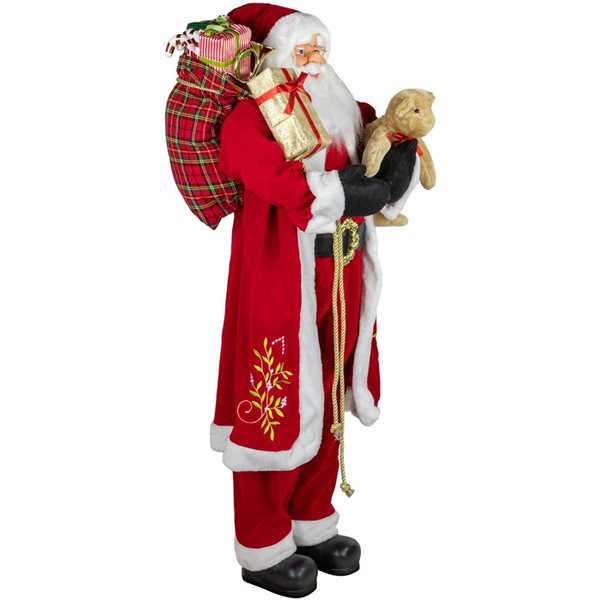 Northlight 5-ft Traditional Santa Claus with Teddy Bear and Gift Bag Standing Christmas Figure - Red