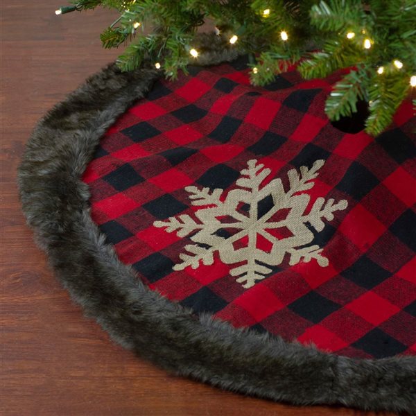 Northlight 48-in Red and Black Christmas Tree Skirt with Burlap Snowflake