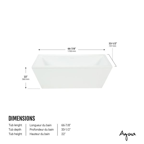 Agua Canada Bailey-II 66.875 x 33.5-in White Acrylic Rectangular Freestanding Bathtub