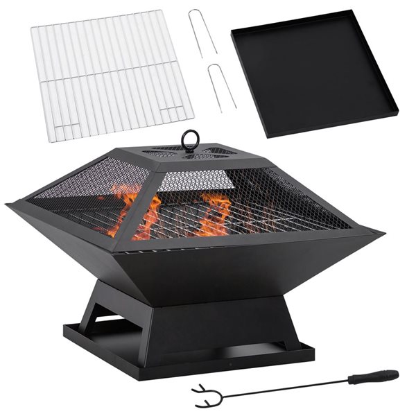 Outsunny Outdoor Wood-Burning Fire Pit w/ Grill and Spark Screen - Black